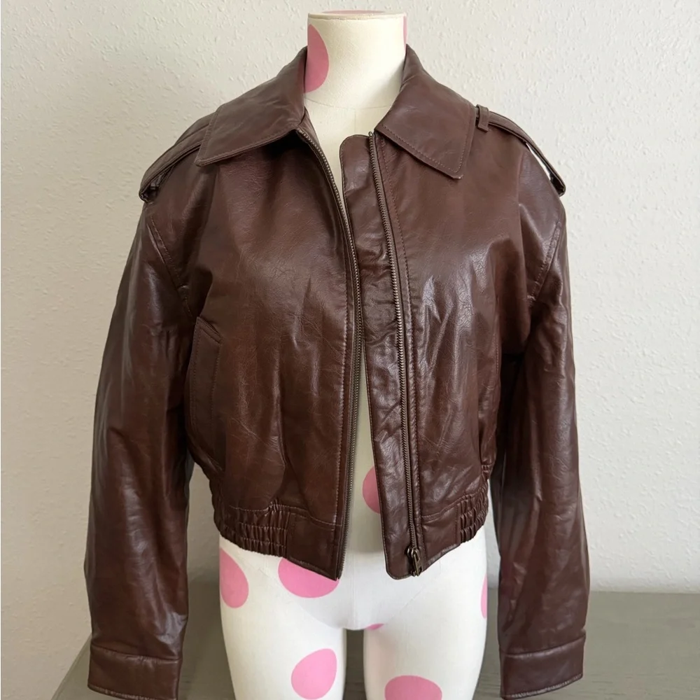 American eagle cropped faux leather bomber jacket S - Picture 2 of 6